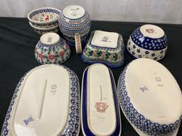 Lovely Vintage Polish Handpainted Glazed Porcelain Plates w/ a variety of patterns, 9 pieces
