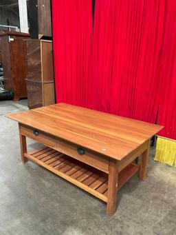 Vintage Wooden Mission Style Coffee Table w/ 2 Drawers & Low Shelf. Measures 48" x 19" See pics.