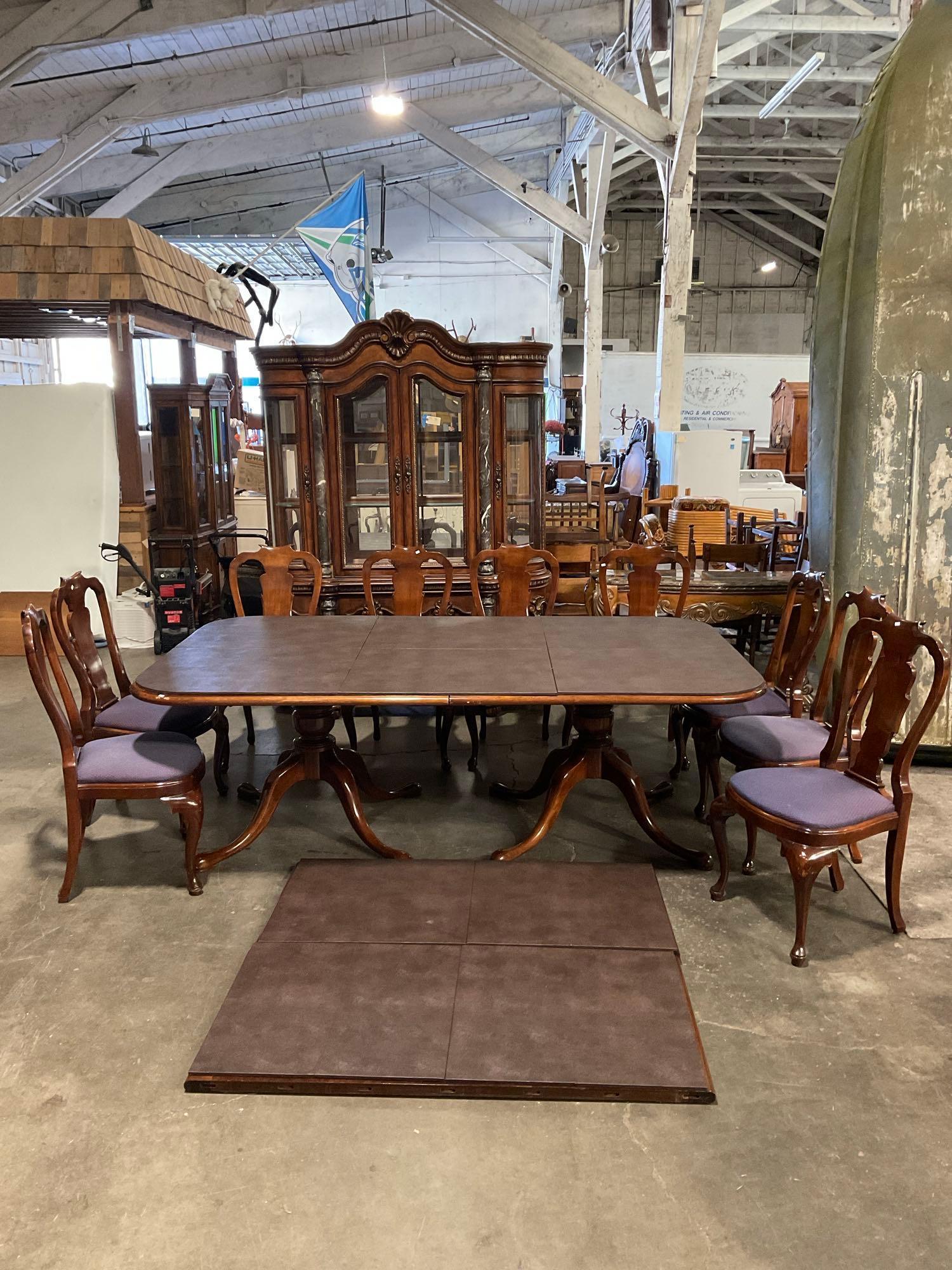 Vintage Burled Wood Expanding Dining Table w/ 2 Leaves, Covers & 13 Scroll-back Chairs. See pics.