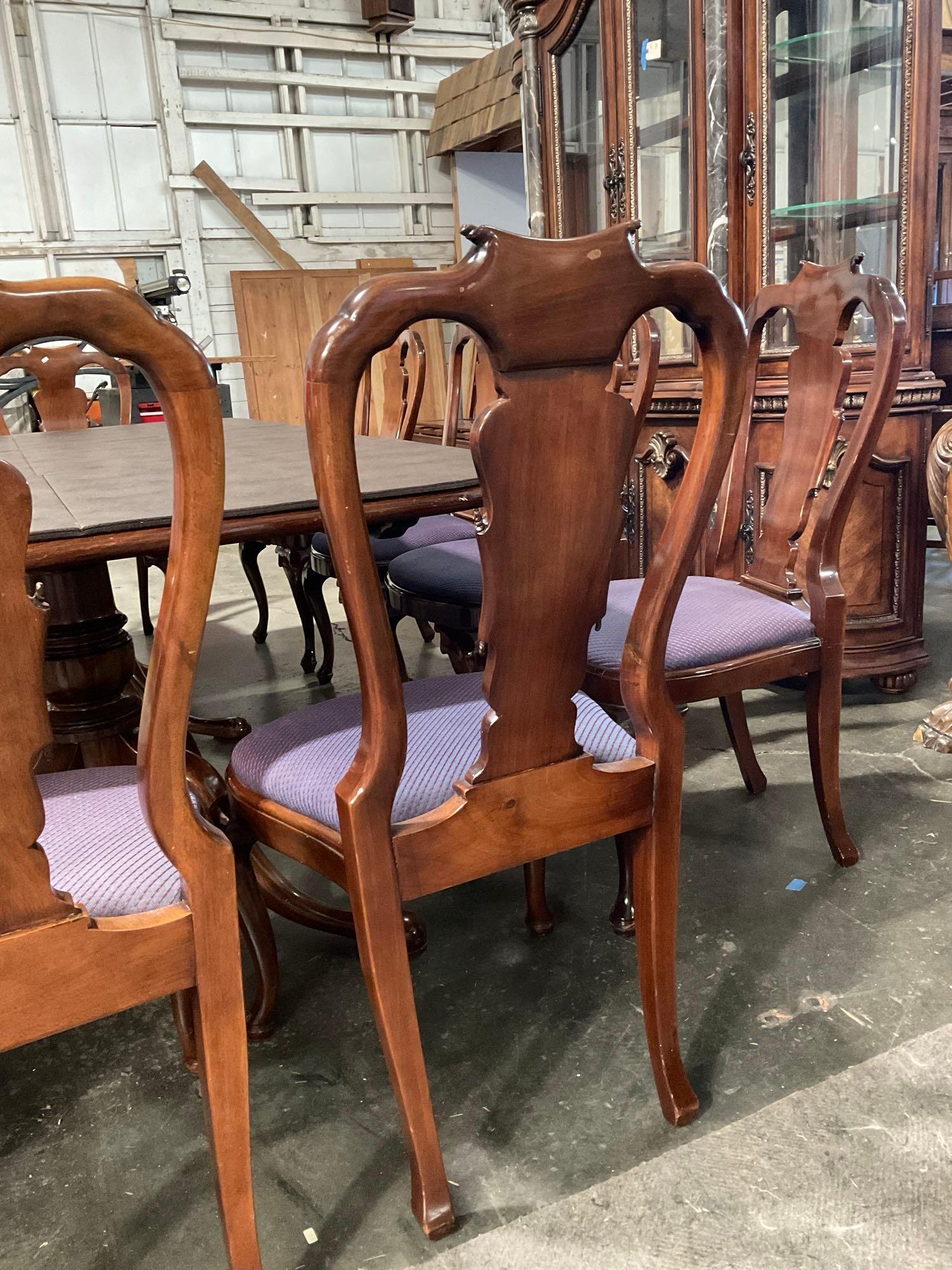 Vintage Burled Wood Expanding Dining Table w/ 2 Leaves, Covers & 13 Scroll-back Chairs. See pics.