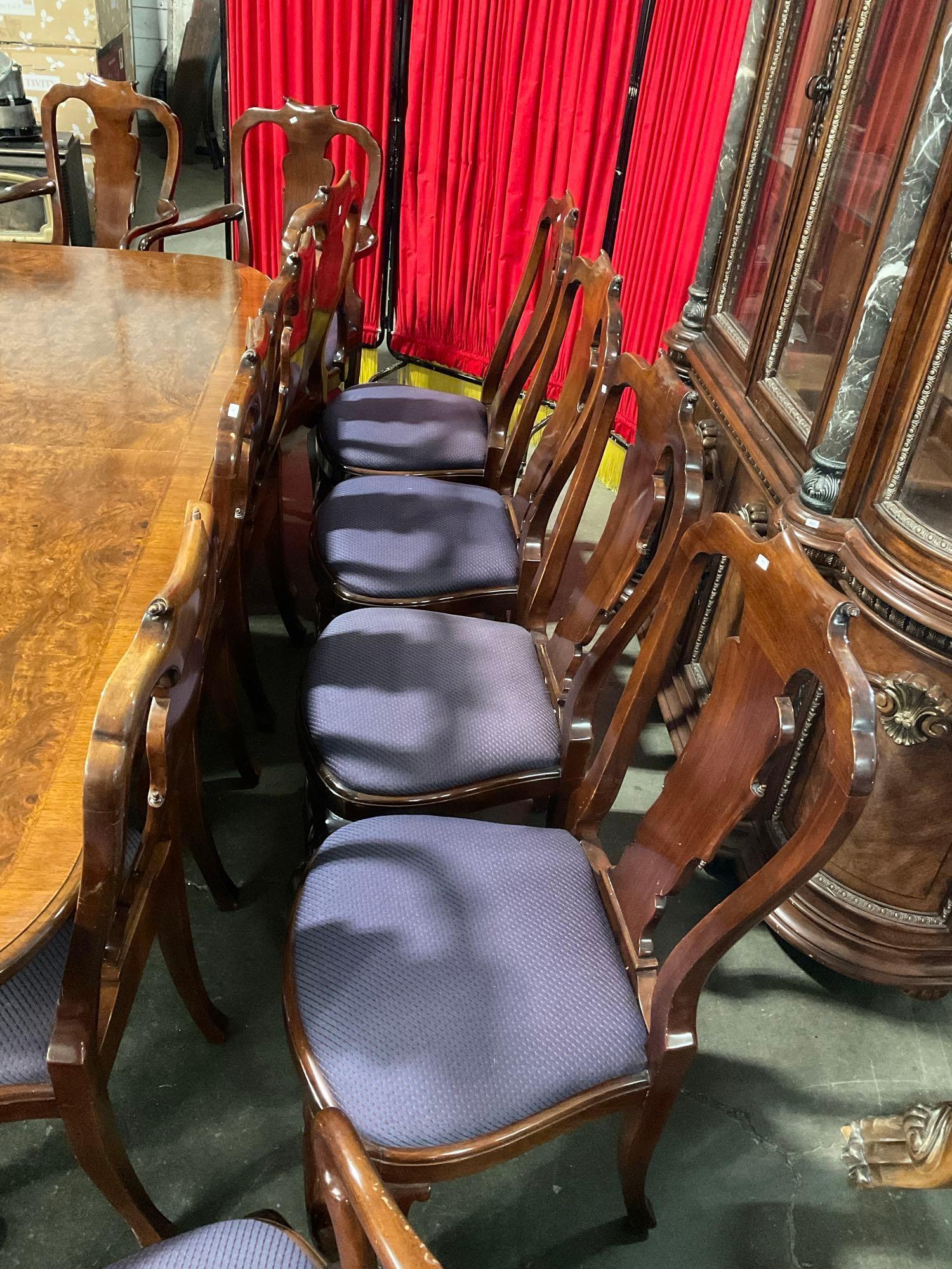 Vintage Burled Wood Expanding Dining Table w/ 2 Leaves, Covers & 13 Scroll-back Chairs. See pics.