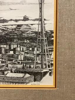 Vintage Framed Pen & Ink Print "My Silver City" by Christopher P. Bollen. Signed by Artist. See