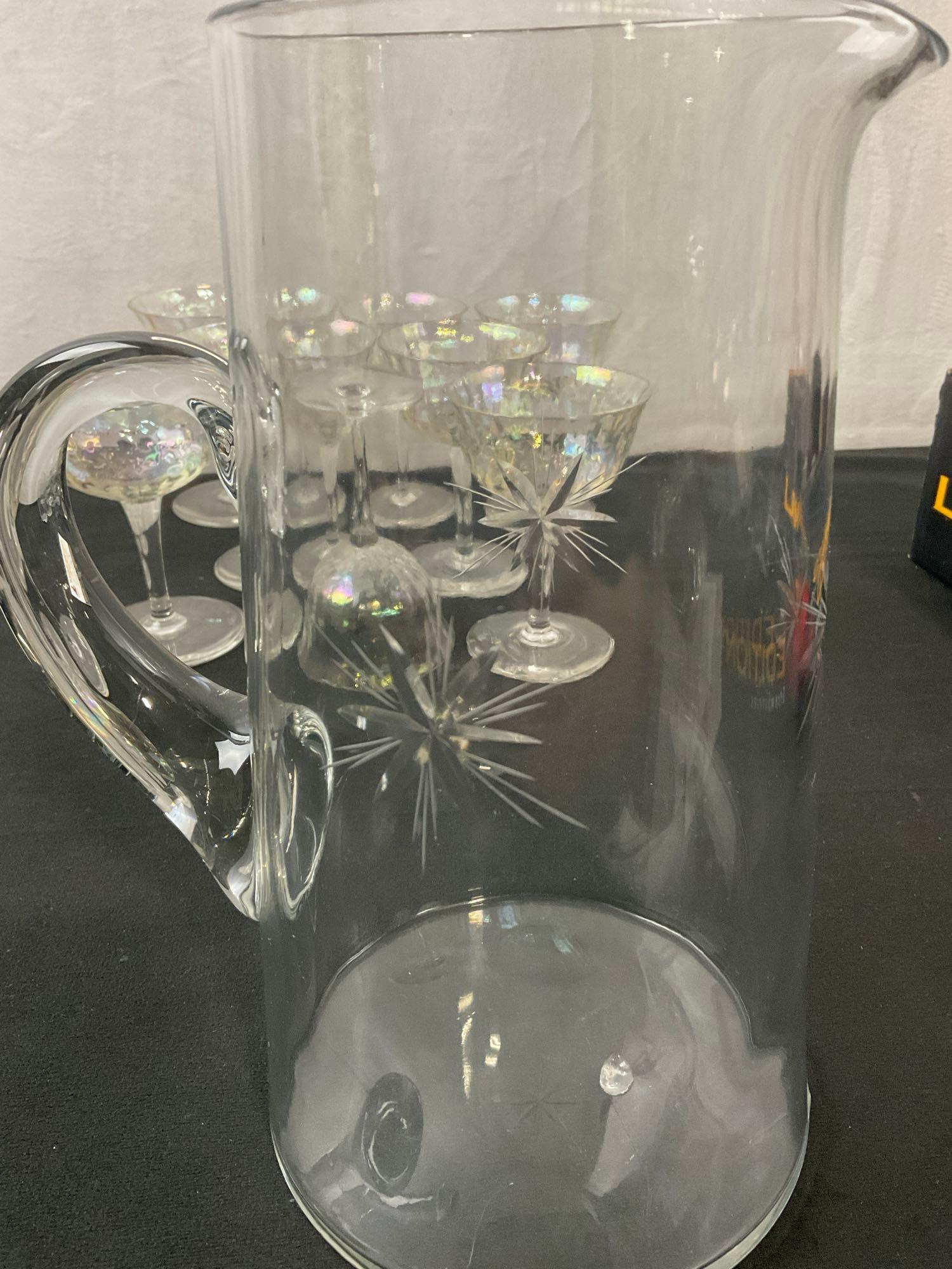 Collection of Etched & Iridescent Tumblers, and Coupe Glasses, and a Starburst Etched Pitcher