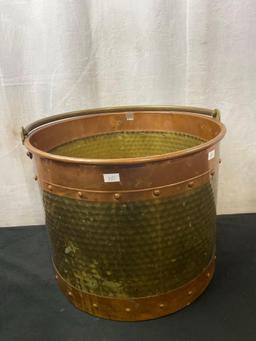 Antique Hammered Brass & Copper Bucket w/ Solid Brass Handle