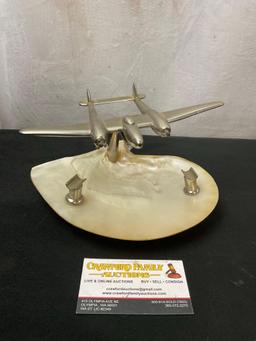 Aluminum Plane on stand, Large Shell Pipe Ashtray, P-38 Lightning model