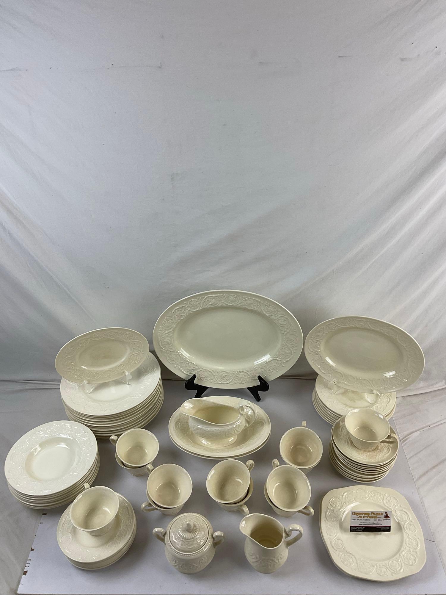 68 pcs Vintage Cream Wedgwood Patrician Bone China Dinner Set w/ Passionflower Detail. See pics.