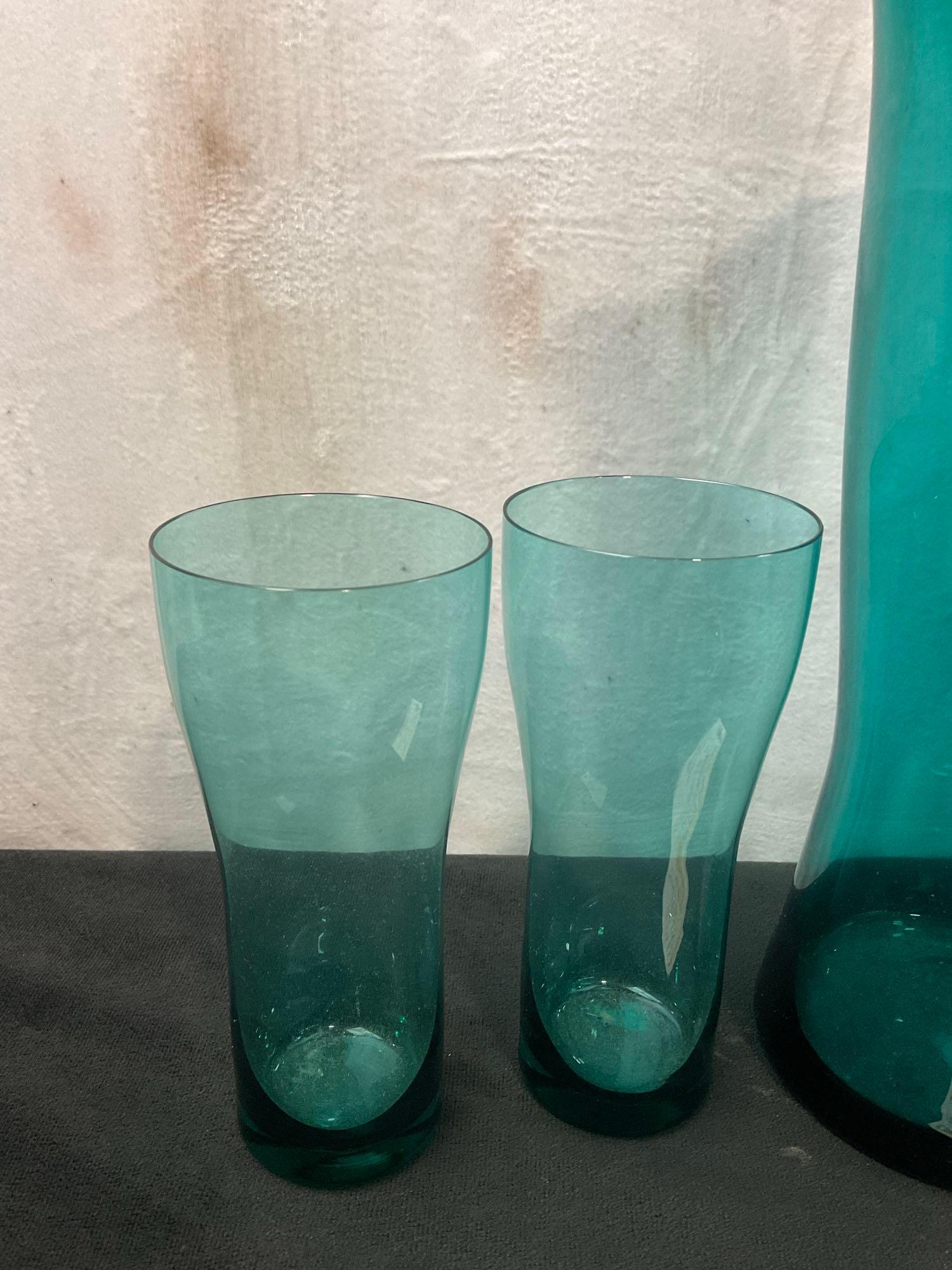 Vintage Blenko Aqua Handblown Pitcher and 4 Tumblers