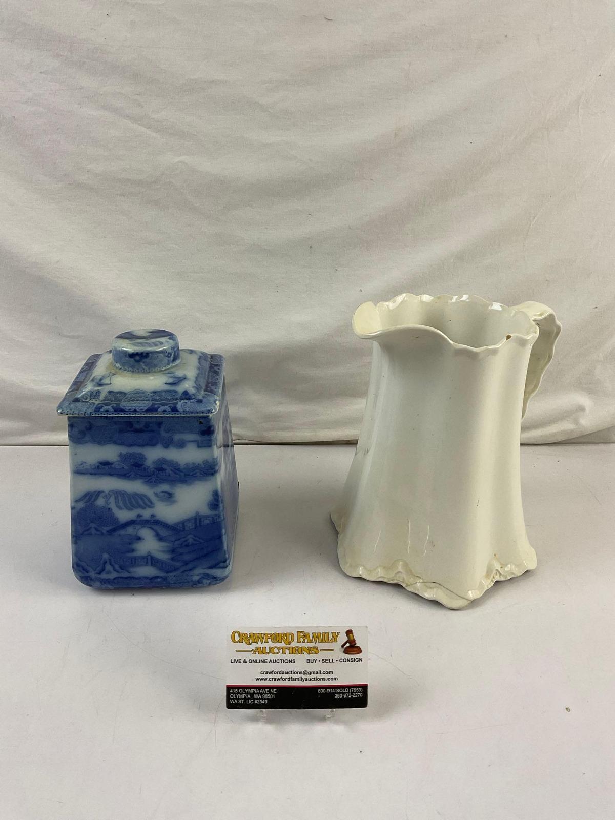 2 pcs Vintage Ceramic Containers. Blue Willow Ringtons Tea Jar & Cream Radisson Pitcher. See pics.