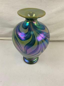 Vintage Iridescent Green & Blue Handblown Glass Vase w/ Swirl Pattern. Unsigned. See pics.