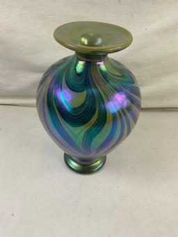 Vintage Iridescent Green & Blue Handblown Glass Vase w/ Swirl Pattern. Unsigned. See pics.