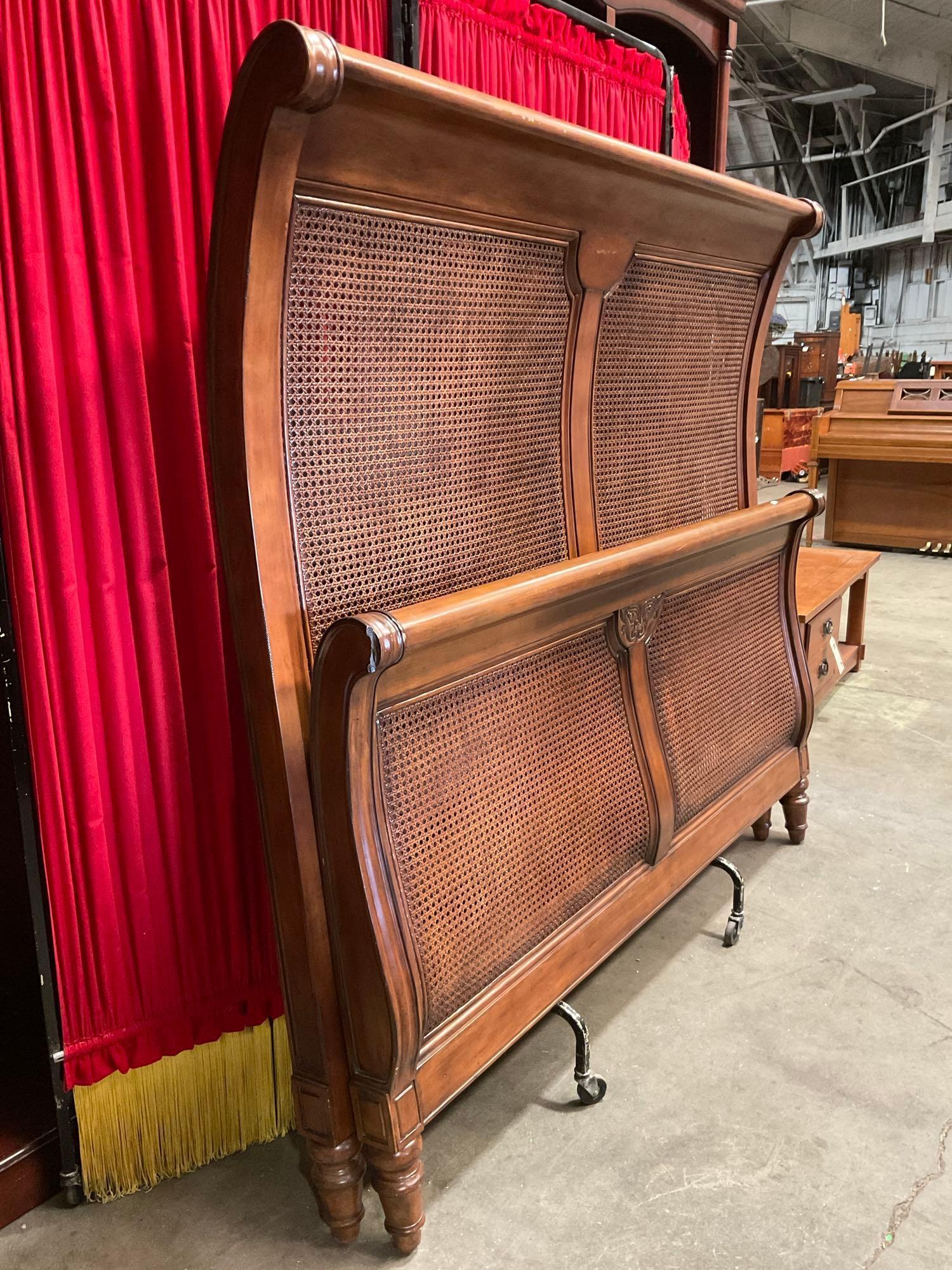 Vintage Curved Wooden Queen Bed Headboard & Footboard w/ Intricate Carving & Caning. See pics.