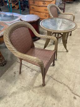 3 pcs Vintage Green & Brown Faux Wicker Patio Furniture Assortment. 2 pcs Chairs & Table. See pics