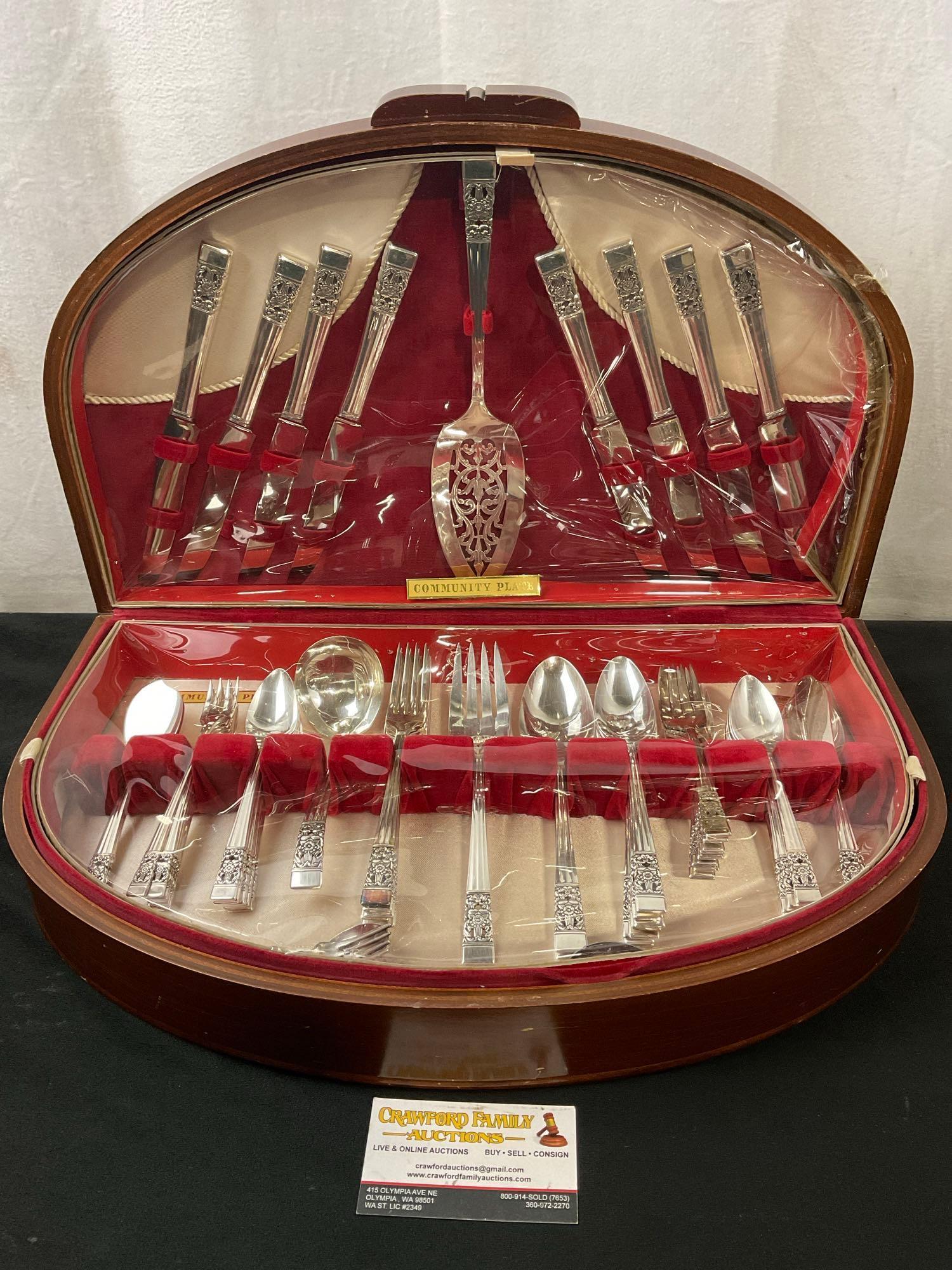 Community Plate Silver plated Flatware w/ Case, approx 60 pcs & 2 Sterling Silver pcs, ~30 grams