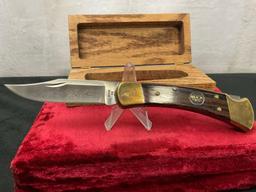 Vintage Buck Folding Hunter Knife, #110, Signed Chuck Buck, in custom wooden case