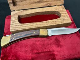 Vintage Buck Folding Hunter Knife, #110, Signed Chuck Buck, in custom wooden case