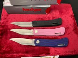 Trio of Modern Kershaw Knives, 3 colors of D.W.O. Classic 3000, Black, Purple, Pink