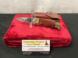 Vintage Kershaw Folding Knife w/ Leather case, #1040 made in Japan, Wood & Brass Handle w/ Grooves