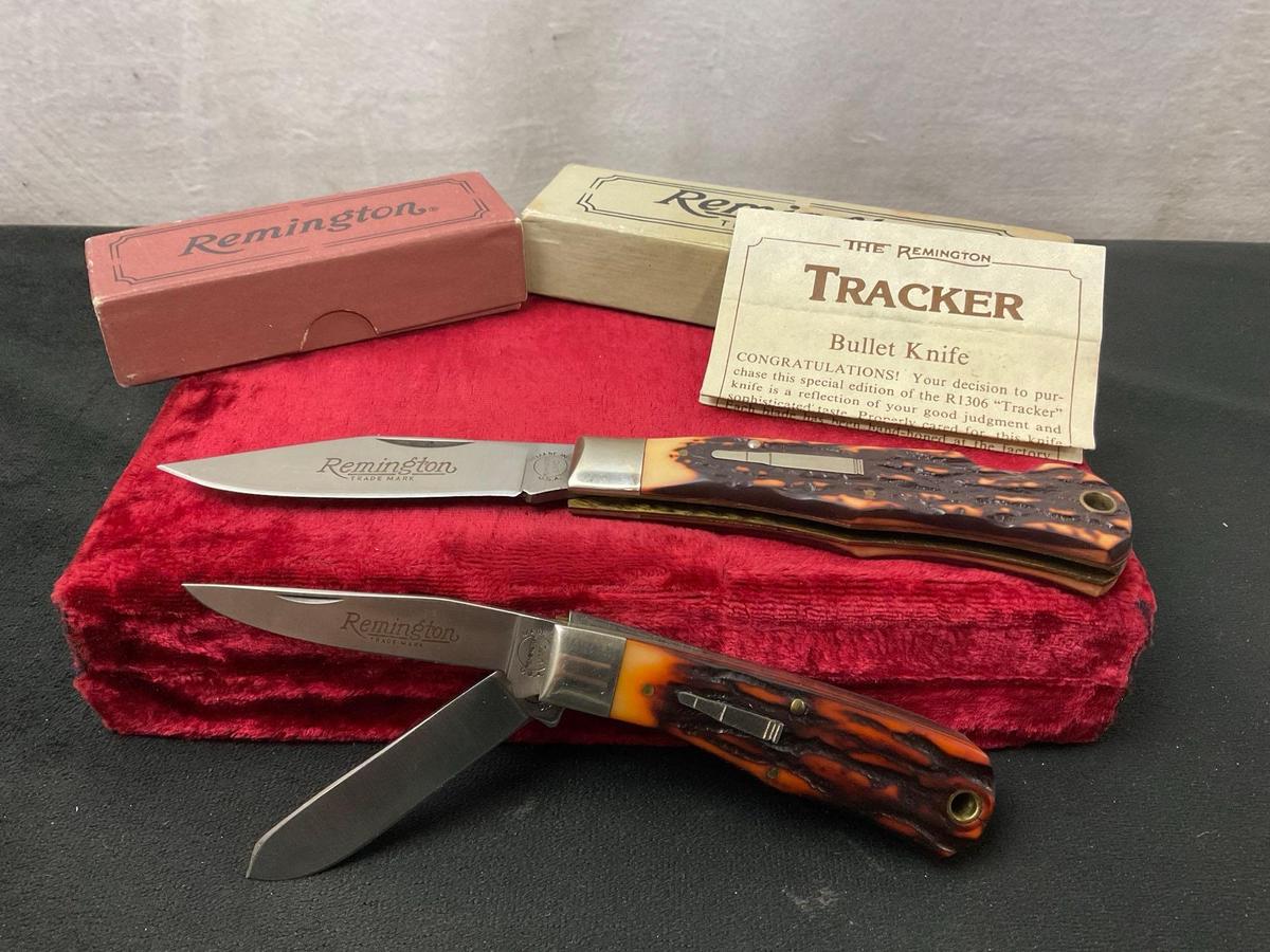 Pair of Remington Folding Knives, R-1176 Double Blade Mini Trapper, R1306 1990 Tracker Bullet Knife