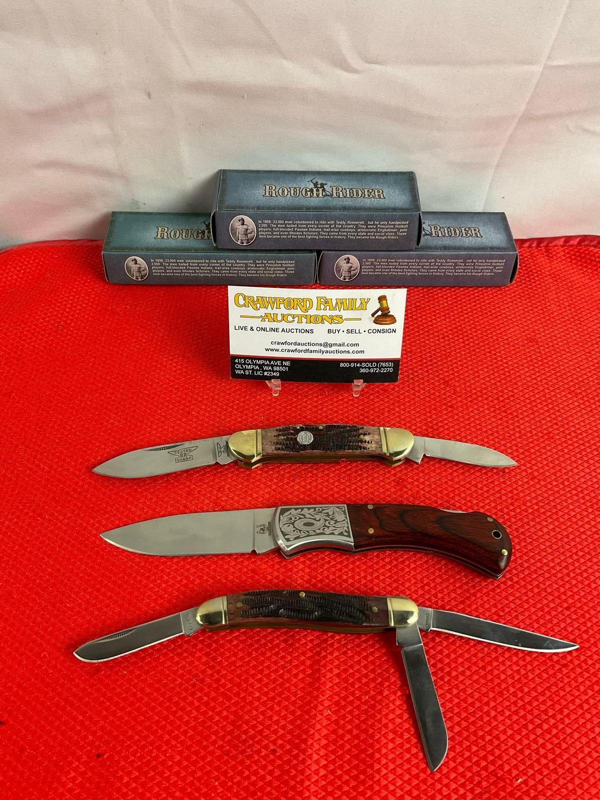 3 pcs Rough Rider 440 Steel Folding Pocket Knife Assortment. Models RR156, 158 & 182. NIB. See pi...