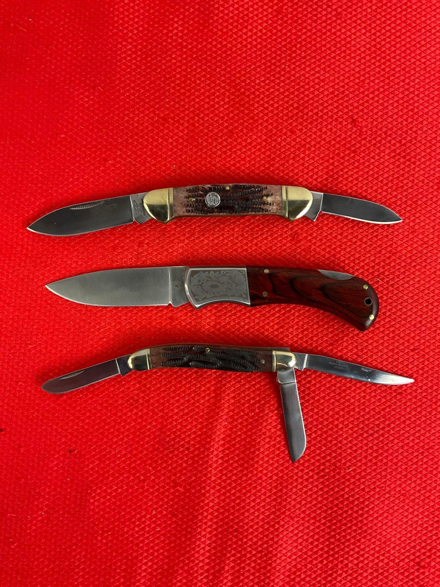 3 pcs Rough Rider 440 Steel Folding Pocket Knife Assortment. Models RR156, 158 & 182. NIB. See pi...