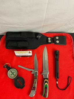 4 pc Survival Kit in Nylon Sheath w/ 6" Knife, 4" 2-Blade Folding Knife, Compass & Flashlight. See