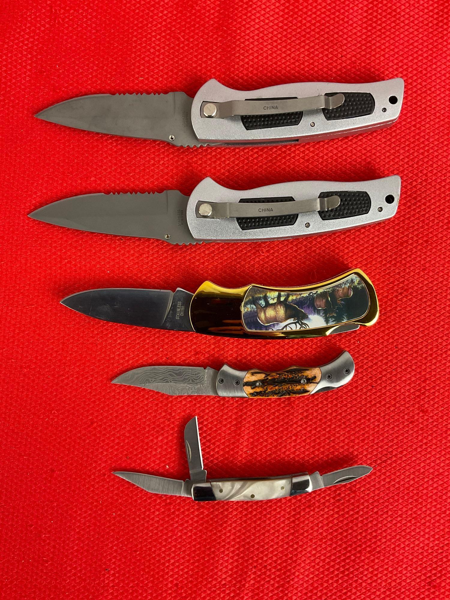 5 pcs Steel Folding Knife Assortment. 2x Frost Cutlery, 1x Rough Rider, 1x Rite Edge, 1 Szco. NIB.