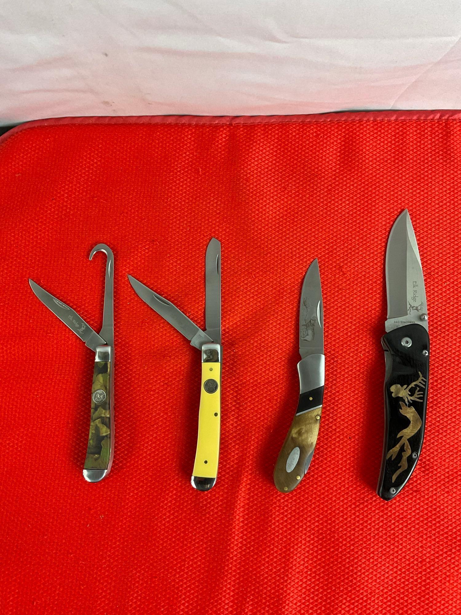 4 pcs Elk Ridge 440 Steel Folding Blade Pocket Knives, Models 72W, 80D, 220Y & 436C. NIB. See pics.