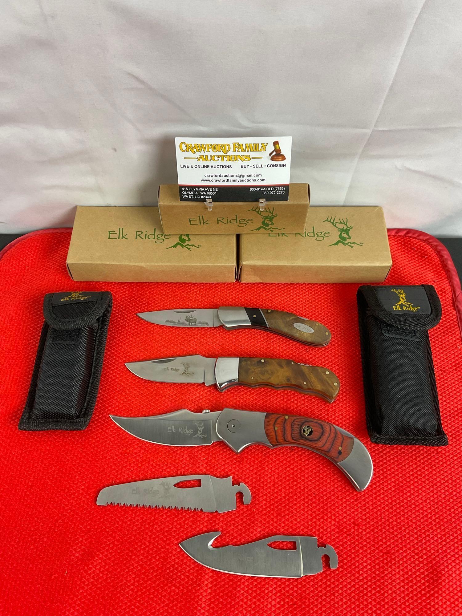 3 pcs Elk Ridge 440 Steel Folding Blade Lock Back Pocket Knives Models 55, 72D & 138. NIB. See pi...