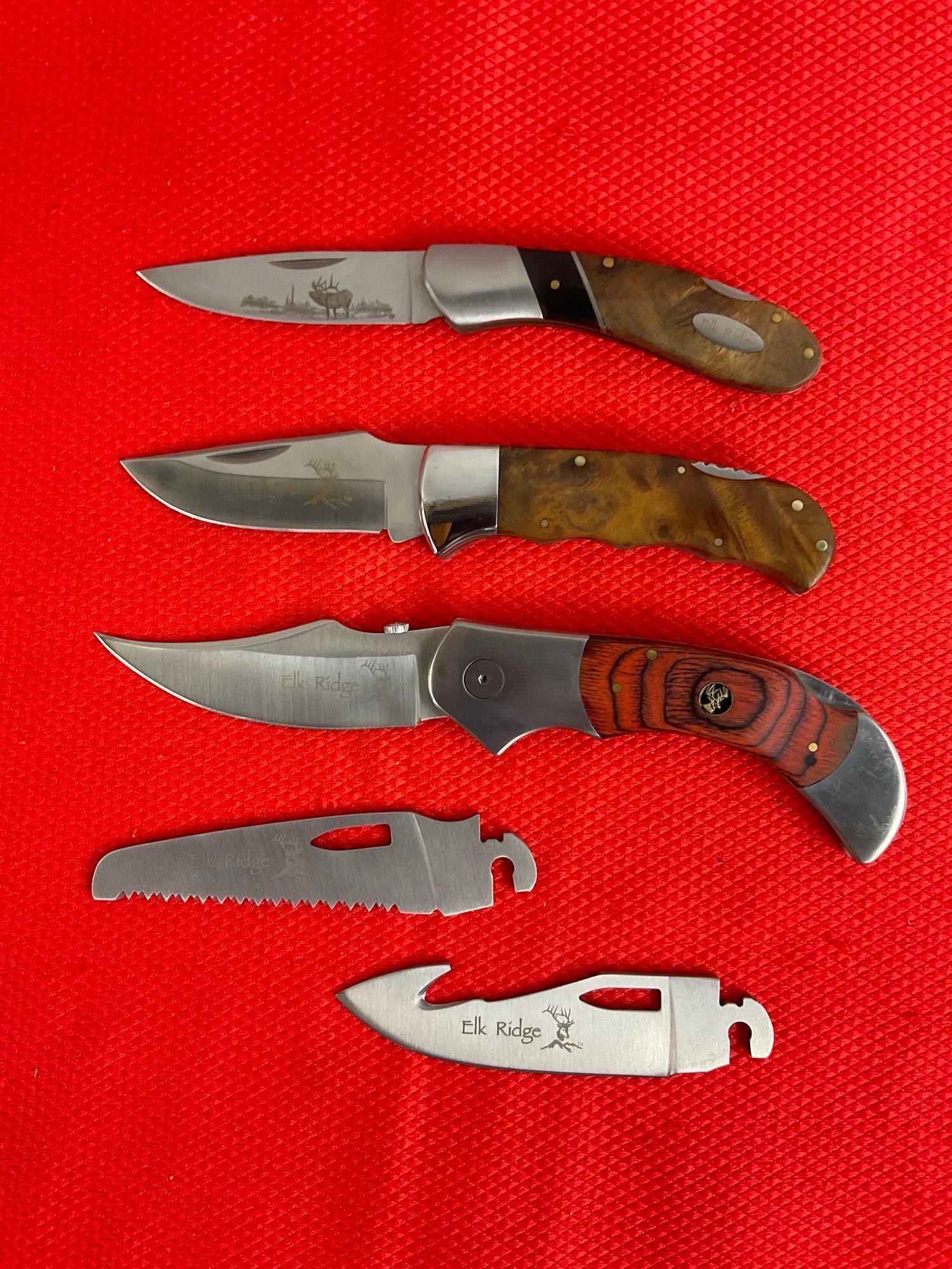 3 pcs Elk Ridge 440 Steel Folding Blade Lock Back Pocket Knives Models 55, 72D & 138. NIB. See pi...