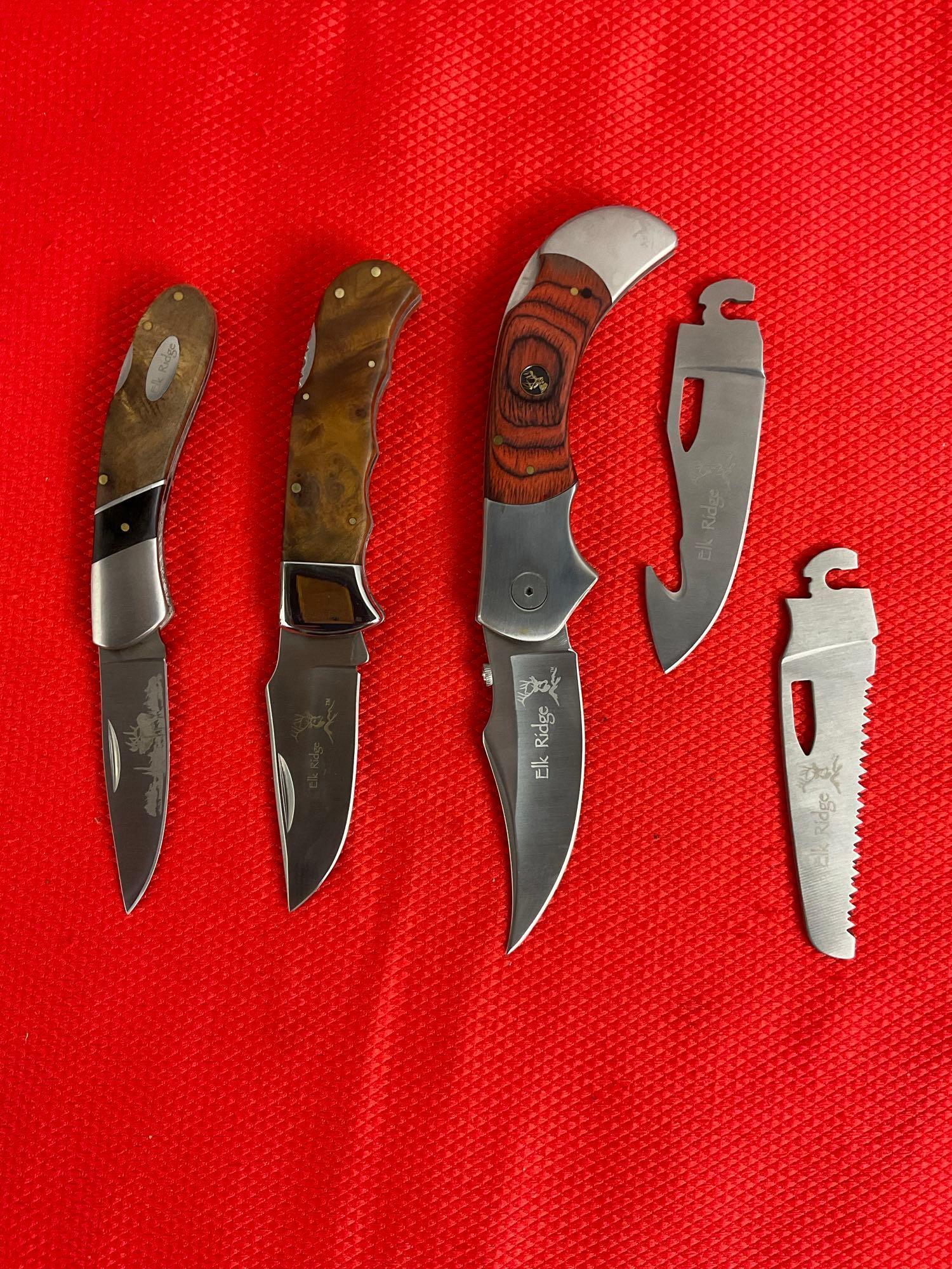 3 pcs Elk Ridge 440 Steel Folding Blade Lock Back Pocket Knives Models 55, 72D & 138. NIB. See pi...