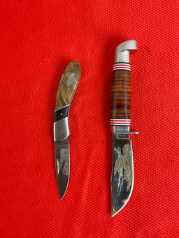 2 pcs Elk Ridge 440 Stainless Steel Knives w/ Etched Blades Models ER-72W & ER-84E. NIB. See pics.