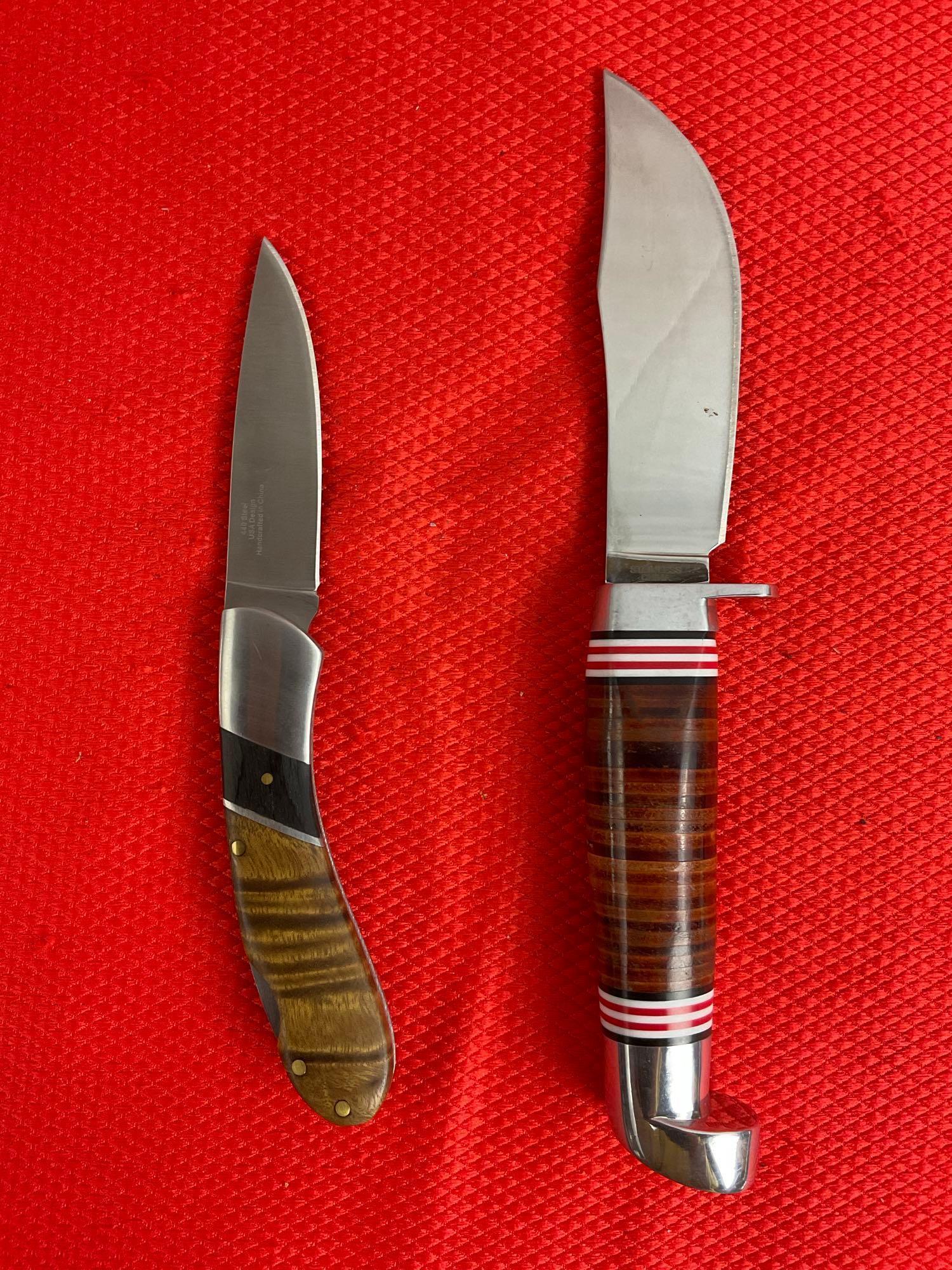 2 pcs Elk Ridge 440 Stainless Steel Knives w/ Etched Blades Models ER-72W & ER-84E. NIB. See pics.