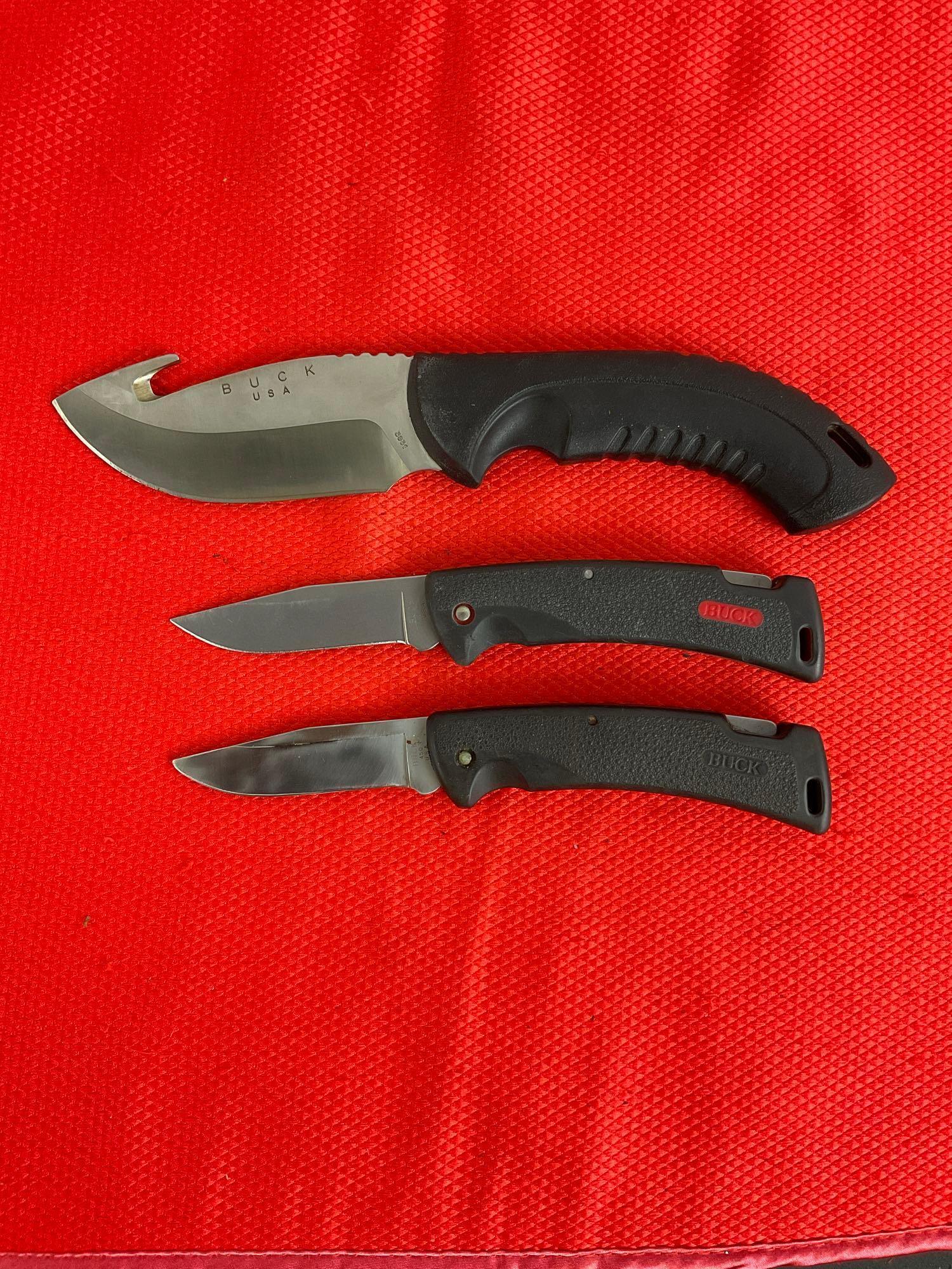 3 pcs Buck Steel Knife Assortment. 2x 450 Folding Pocket Knives, 1x 393 Skinner w/ Sheath. See pi...