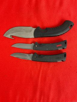 3 pcs Buck Steel Knife Assortment. 2x 450 Folding Pocket Knives, 1x 393 Skinner w/ Sheath. See pi...