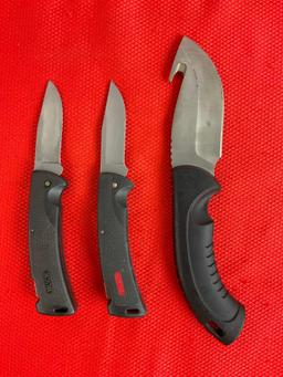 3 pcs Buck Steel Knife Assortment. 2x 450 Folding Pocket Knives, 1x 393 Skinner w/ Sheath. See pi...