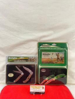 2 pcs Remington Knives Collectible Gift Sets in Decorative Tins. Trapper & Lockback Folders. NIB.