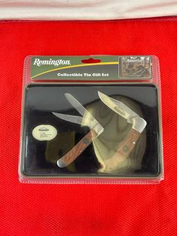 2 pcs Remington Knives Collectible Gift Sets in Decorative Tins. Trapper & Lockback Folders. NIB.