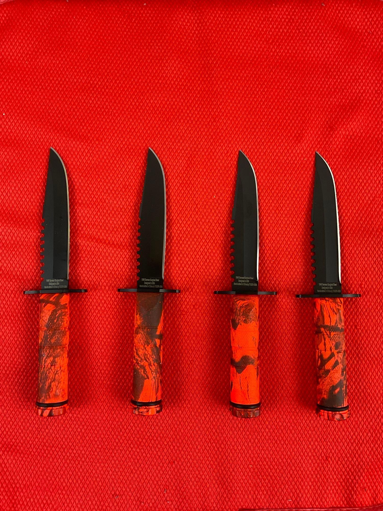 4 pcs Tiger USA 4.5" Fixed Blade 1045 German Surgical Steel Turkey-Hunter Knives w/ Canvas Sheaths.