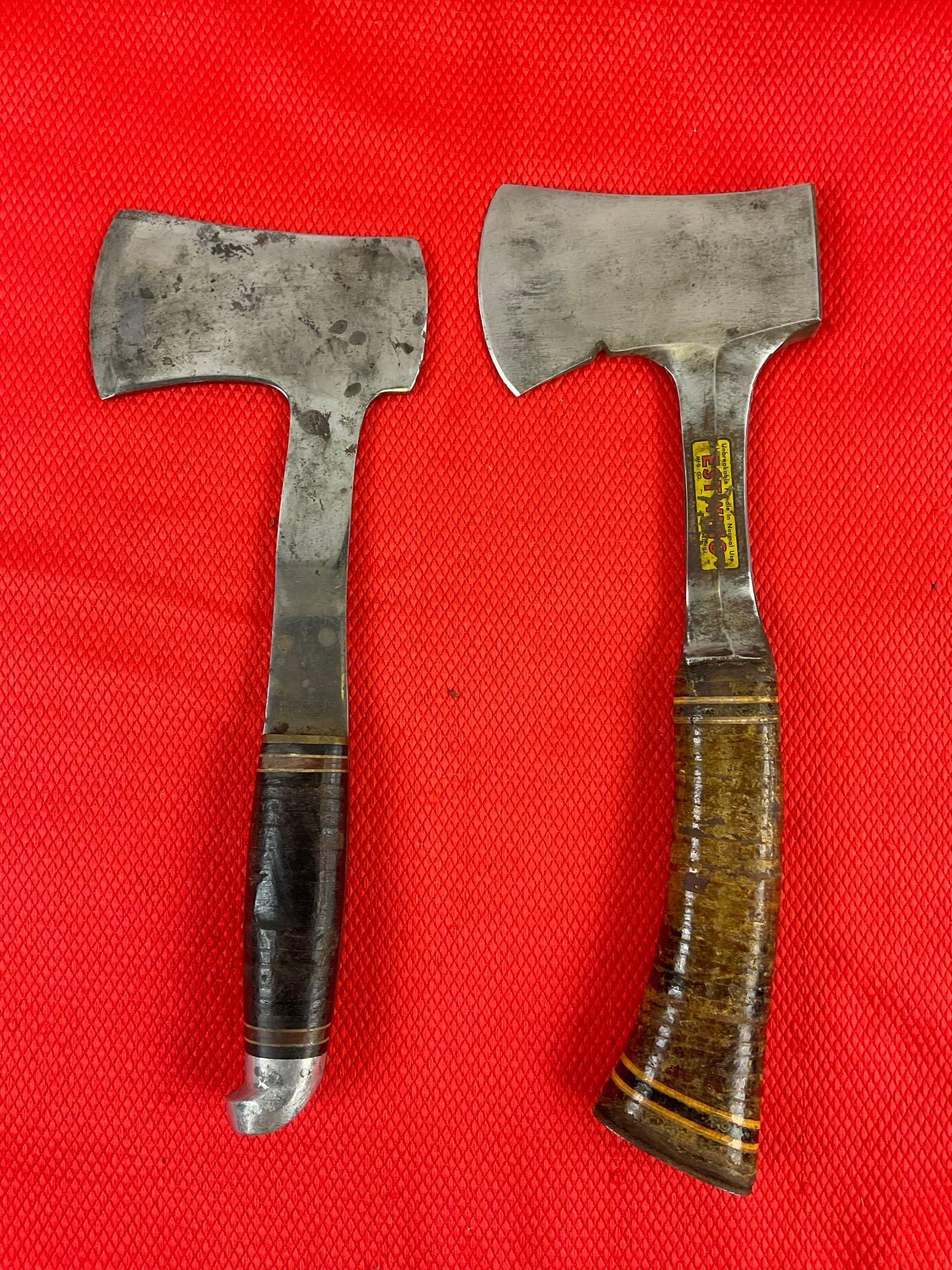 2 pcs Vintage Steel Camping Hatchets. Estwing 14A w/ Estwing Leather Sheath #2. Western L10. See