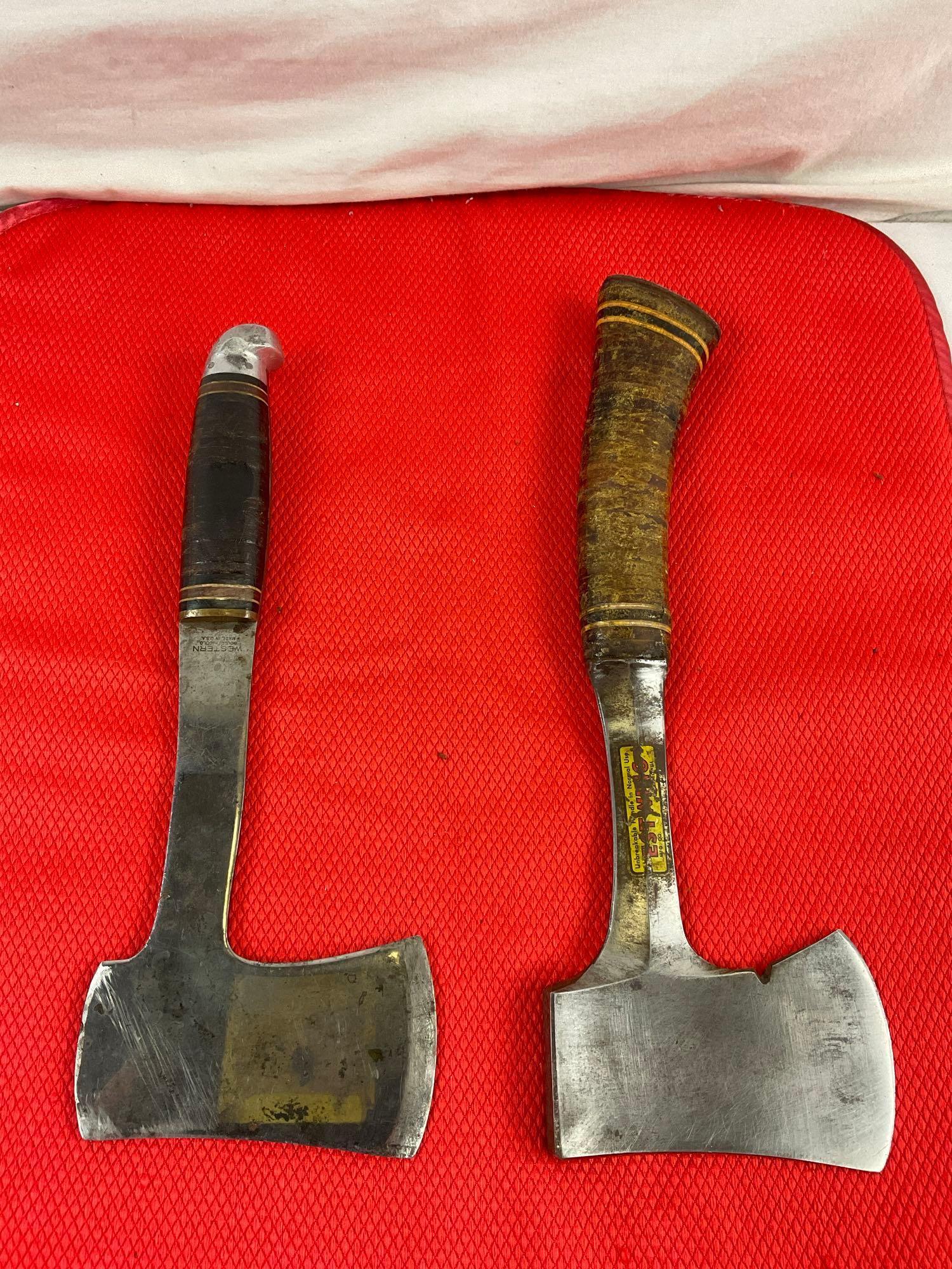 2 pcs Vintage Steel Camping Hatchets. Estwing 14A w/ Estwing Leather Sheath #2. Western L10. See