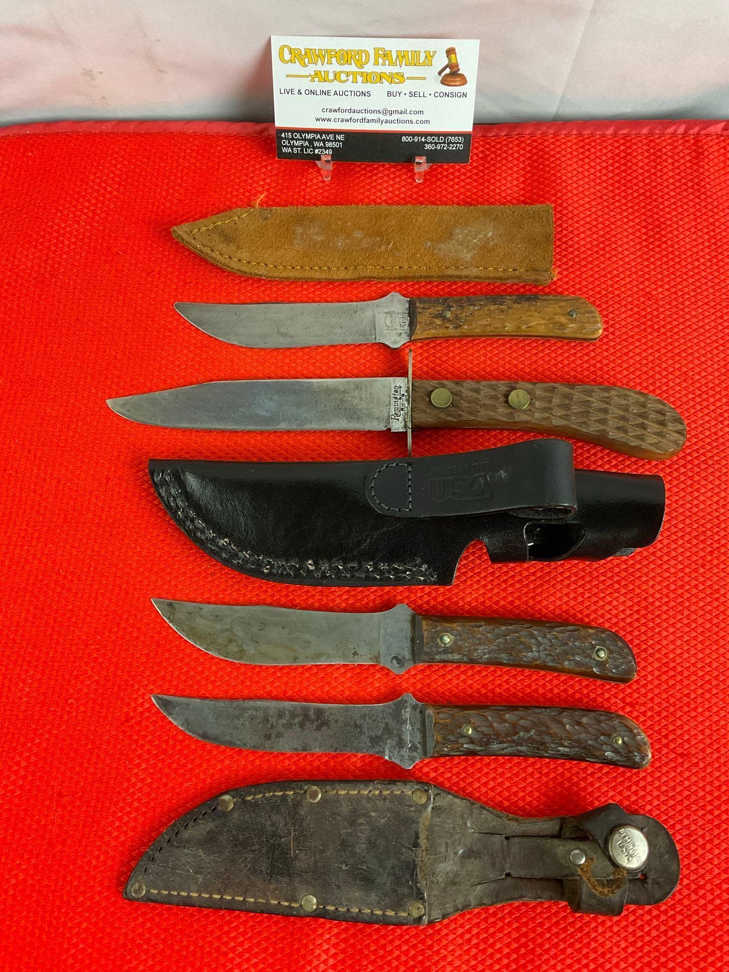 4 pcs Vintage Remington Steel Fixed Blade Hunting Knives. 3x Models RH-4 & 1 RH-6. 3 Sheathes. See