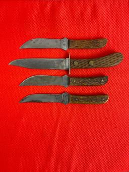 4 pcs Vintage Remington Steel Fixed Blade Hunting Knives. 3x Models RH-4 & 1 RH-6. 3 Sheathes. See