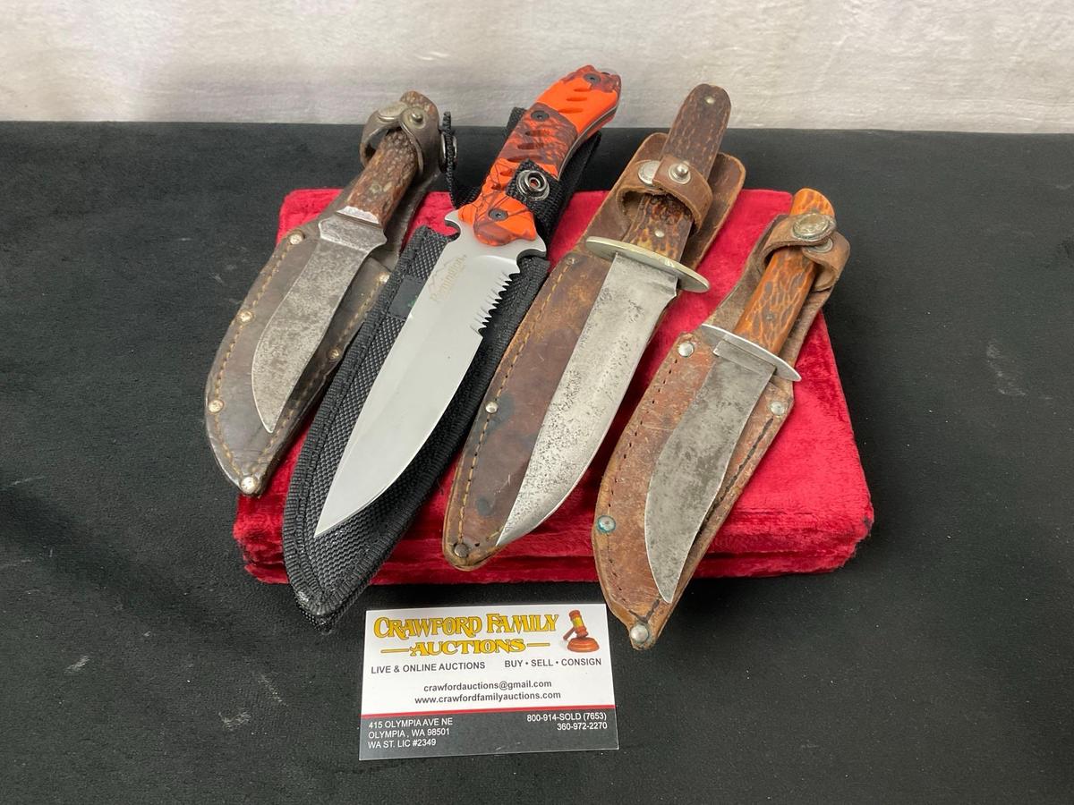 Modern and Antique Remington Knives, Fixed Blade, Modern Hunting, 2x RH4, & 1x RH30, w/ sheaths