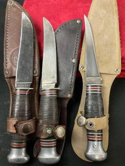 Vintage Remington Fixed Blade Knives, 2x RH70, & 1x RH74, 3.5-4 inch blades, w/sheaths