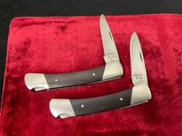 Pair of Vintage Buck Folding Pocket Knives, 2x 501 Squire Knife, Laminate and Stainless Steel