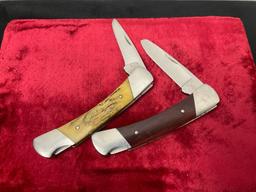 Pair of Vintage Buck Folding Knives, 501 & 501A w/ antler handle & engraved -Leebo-
