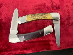 Pair of Vintage Buck Folding Knives, 501 & 501A w/ antler handle & engraved -Leebo-