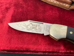 Vintage Western Folding Pocket Knife, S-533, engraved blade with Duck scene, metal and wooden han...