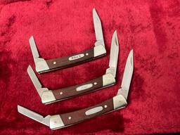 Trio of Vintage Buck Folding Pocket Knives, 705 Pony Double Bladed, Stainless & Wooden Handles