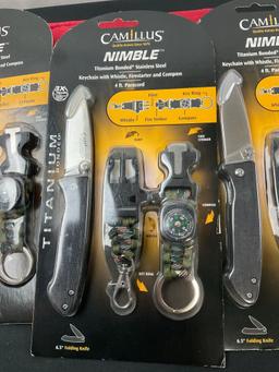 Trio of NIB Camillus Nimble Survival Knife Sets w/ Keychain, Whistle, Compass, & Firestarter